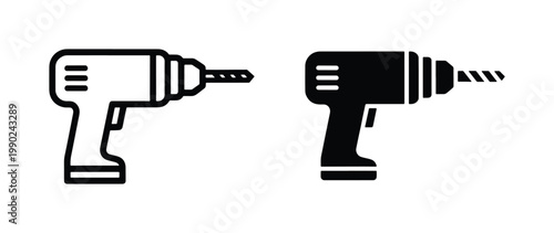 Electric power drill icons, cordless hand drill vector set, black and white construction tool symbols for home improvement and industrial repair