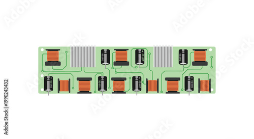 A detailed green printed circuit board populated with numerous copper wire coils and black electrolytic capacitors arranged symmetrically on a white surface.