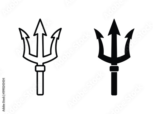 Trident spear vector icons, black silhouette and outline trident symbols, ancient greek mythology weapon graphics, neptune and poseidon pitchfork
