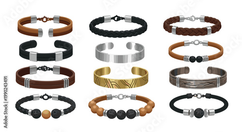 A diverse collection of twelve stylish men's bracelets featuring braided leather straps and polished metal accents displayed against a clean white background.