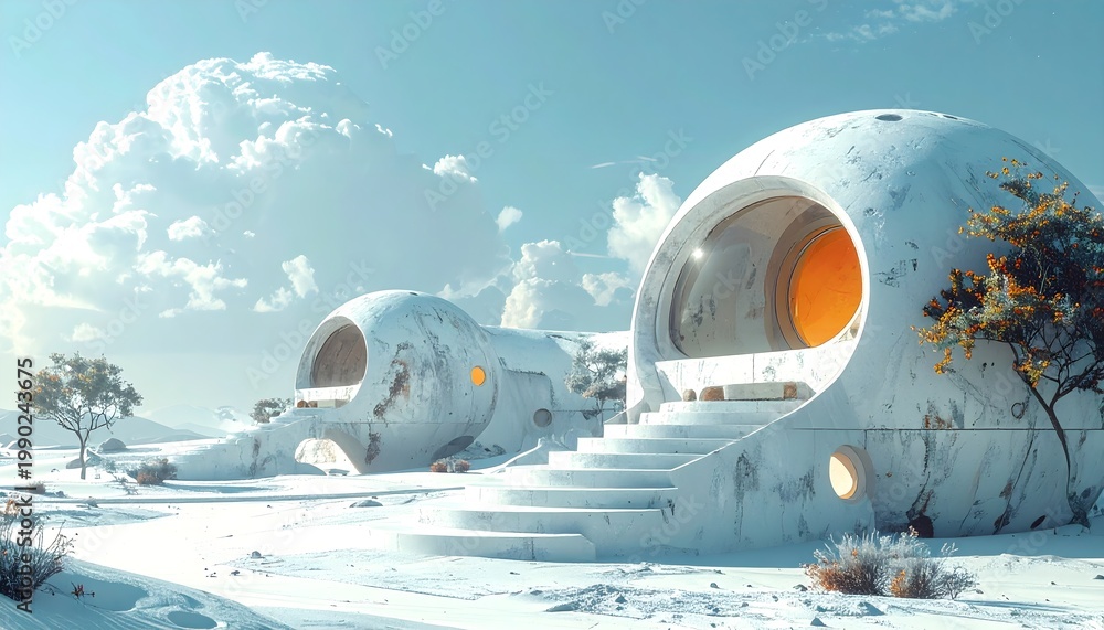 Fototapeta premium Futuristic snow-covered space colony pods under blue sky with warm lighting