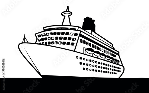 A prominent black and white outline illustration of a large, luxurious passenger cruise ship sailing on the water, ready for a grand voyage.