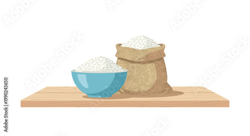 A smooth blue ceramic bowl and a rustic burlap sack overflow with pristine white rice grains resting on a natural light wood surface in a clean kitchen.