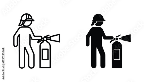 Firefighter icon set with fire extinguisher, firefighter silhouette and outline vector, industrial safety and emergency response symbols