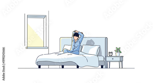 A person wearing light blue pajamas stretches their arms upward while sitting on a white bed in a bright airy room with a large sunlit window frame.