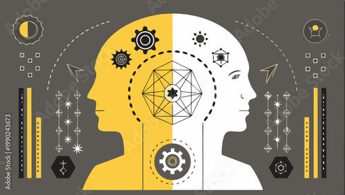 Split human head silhouette with gears and geometric shapes symbolizing balance and harmony between technology and creativity on gray background