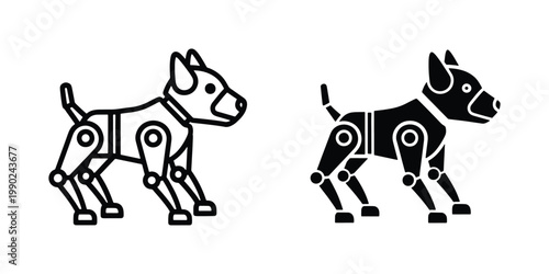 Robotic dog vector icons, mechanical pet silhouette and line art set, futuristic artificial intelligence animal symbols for technology and toy design