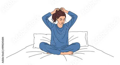 A young woman dressed in comfortable blue pajamas sits peacefully on a soft white bed while gathering her long brown hair into a high ponytail style.