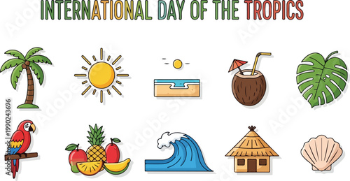 International Day of the Tropics vector icon set with tropical elements and symbols