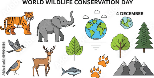 Set of wildlife conservation vector icons, including animals and nature elements