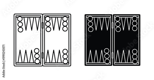 Backgammon board game icons, minimalist line art and solid black vector set, classic tabletop strategy game symbols for gaming apps and UI design