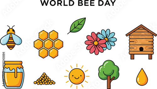 Set of World Bee Day vector icons including honeycomb, jar of honey, flowers, and beehive