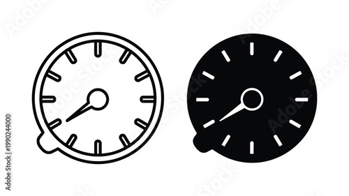 Minimalist speedometer icon set, black and white gauge vector illustrations, performance measurement symbols for dashboard interface design