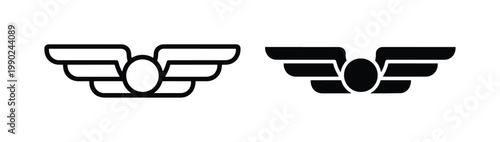 Minimalist pilot wings vector icons, black aviation flight badges, stylized winged circle emblems for airline branding and military insignia