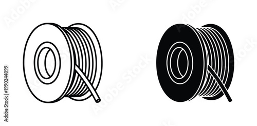 Industrial 3D printer filament spool icons, plastic wire coil vector set, black and white manufacturing material symbols for additive manufacturing