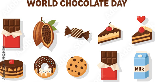 Vector icons for World Chocolate Day, featuring diverse chocolate treats and cocoa beans