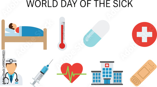 World Day of the Sick vector icon set, medical and healthcare symbols on white background