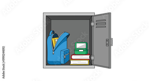 A vibrant illustration shows an open grey school locker containing a blue backpack with yellow accents, stacked textbooks, and a green plastic lunch container.