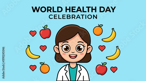 Cartoon Doctor Celebrating World Health Day with Fruits and Hearts
