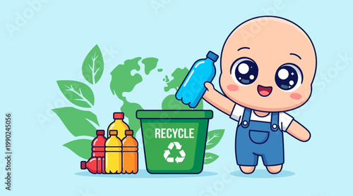 Adorable cartoon child recycling plastic bottles near a green bin with Earth background