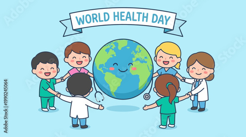 Chibi doctors and children unite around a smiling Earth for World Health Day celebration