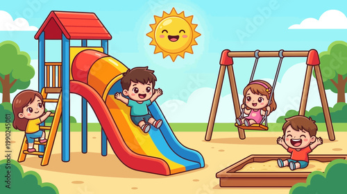 Children joyfully playing on a colorful playground slide and swing under a bright sunny sky