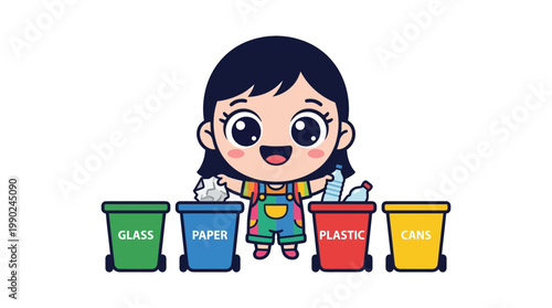 Cute cartoon girl actively sorting waste into recycling bins for a greener planet