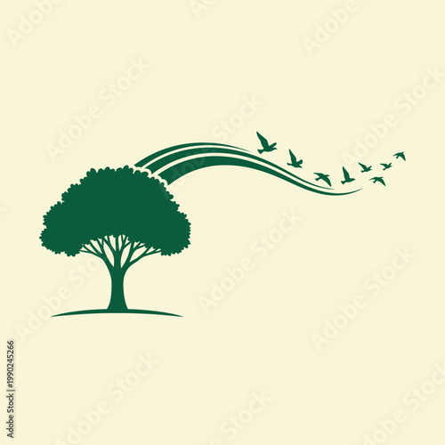 Green Tree with Birds in Flight Under a Swirling Design