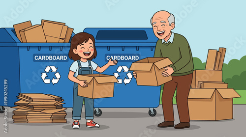 Happy young girl teaching her smiling grandfather about cardboard recycling at a blue bin