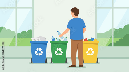 Man carefully sorts plastic bottles into recycling bins for a greener environment