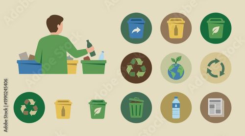 Man diligently sorting waste into recycling bins, surrounded by eco-icons for a sustainable planet