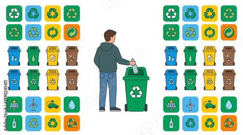 Man recycling glass bottle into green bin, surrounded by recycling symbols and bins