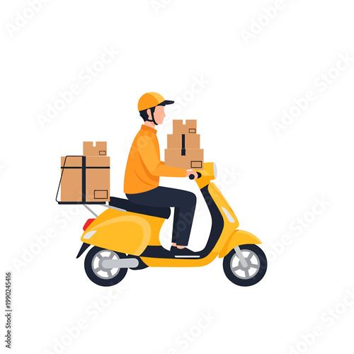 Delivery Courier Riding Yellow Scooter with Packages Vector
