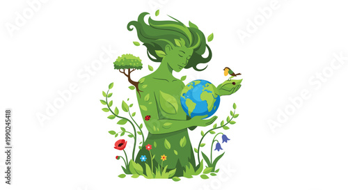 A vibrant green nature spirit with flowing leaf hair holds the Earth globe while a small robin perches on her hand surrounded by colorful wildflowers.