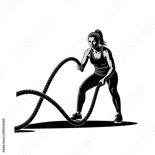 Athletic Woman Exercising with Battle Ropes Vector Illustration