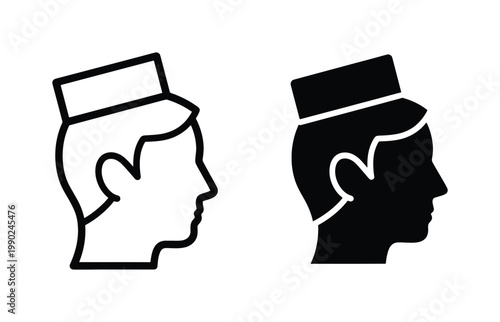 Minimalist bellhop head profile icon set, professional hotel staff avatar vector, black and white service worker silhouette for hospitality branding