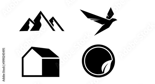 Four black and white eco friendly symbols on white background