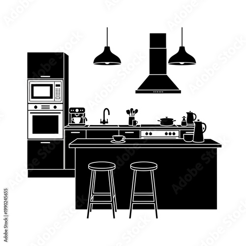 Modern Kitchen Interior Silhouette Vector Illustration