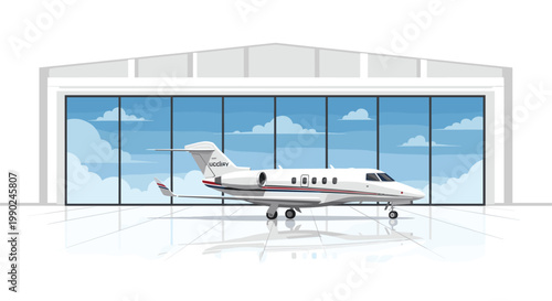 A pristine white executive jet with elegant red and blue stripes is parked inside a spacious hangar featuring large glass windows under a bright blue sky.