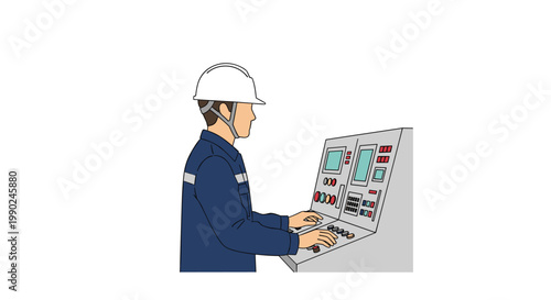 A professional industrial operator wearing a white hard hat and blue uniform meticulously manages a complex grey control panel within a modern factory setting.