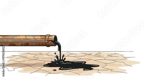 A corroded and rusty metal pipe segment leaks thick black oil onto a parched and cracked earth surface under a bright and clear white sky background.