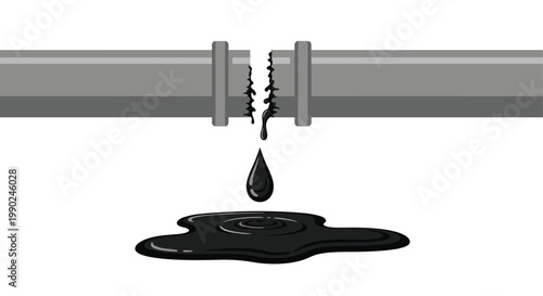 A clean grey industrial pipe features a jagged vertical fracture with thick black oil dripping into a dark and rippling puddle on a white background.
