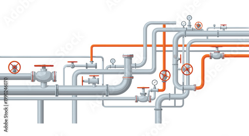 A complex arrangement of industrial plumbing features numerous gray and orange pipes fitted with red valves and circular pressure gauges against a white backdrop.