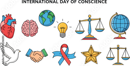International Day of Conscience vector icon collection representing peace, knowledge, justice and health