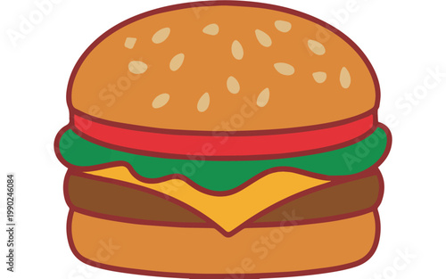A vibrant and colorful cartoon illustration of a classic hamburger with sesame seed bun, juicy patty, cheese, fresh lettuce, and ripe tomato slices.