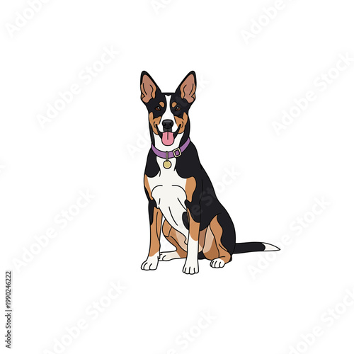 Happy Sitting Tricolor Mixed Breed Dog Vector Illustration