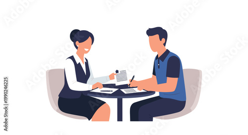 A detailed flat vector illustration of a professional female real estate agent and a male client signing property documents at a dark circular table.