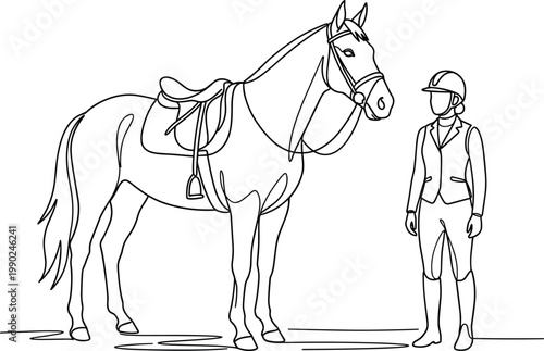 Horse and rider standing together with saddle equipment equestrian preparation stable scene line art vector illustration