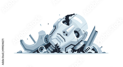 A meticulous flat illustration of a broken silver humanoid robot head with glowing blue eyes resting among shattered mechanical fragments on a clean white background.