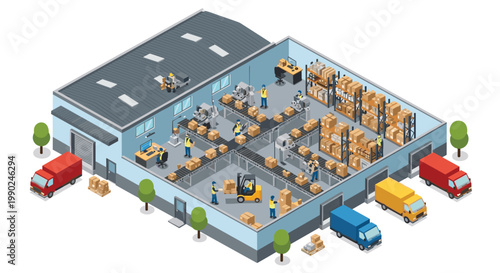 A bustling isometric warehouse interior features diligent workers, active forklifts, and organized storage racks with colorful delivery trucks outside.